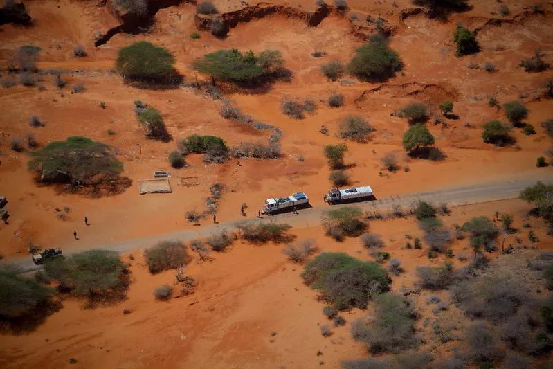 Trucks at a checkpoint on a road out of Kismayo, Sudan